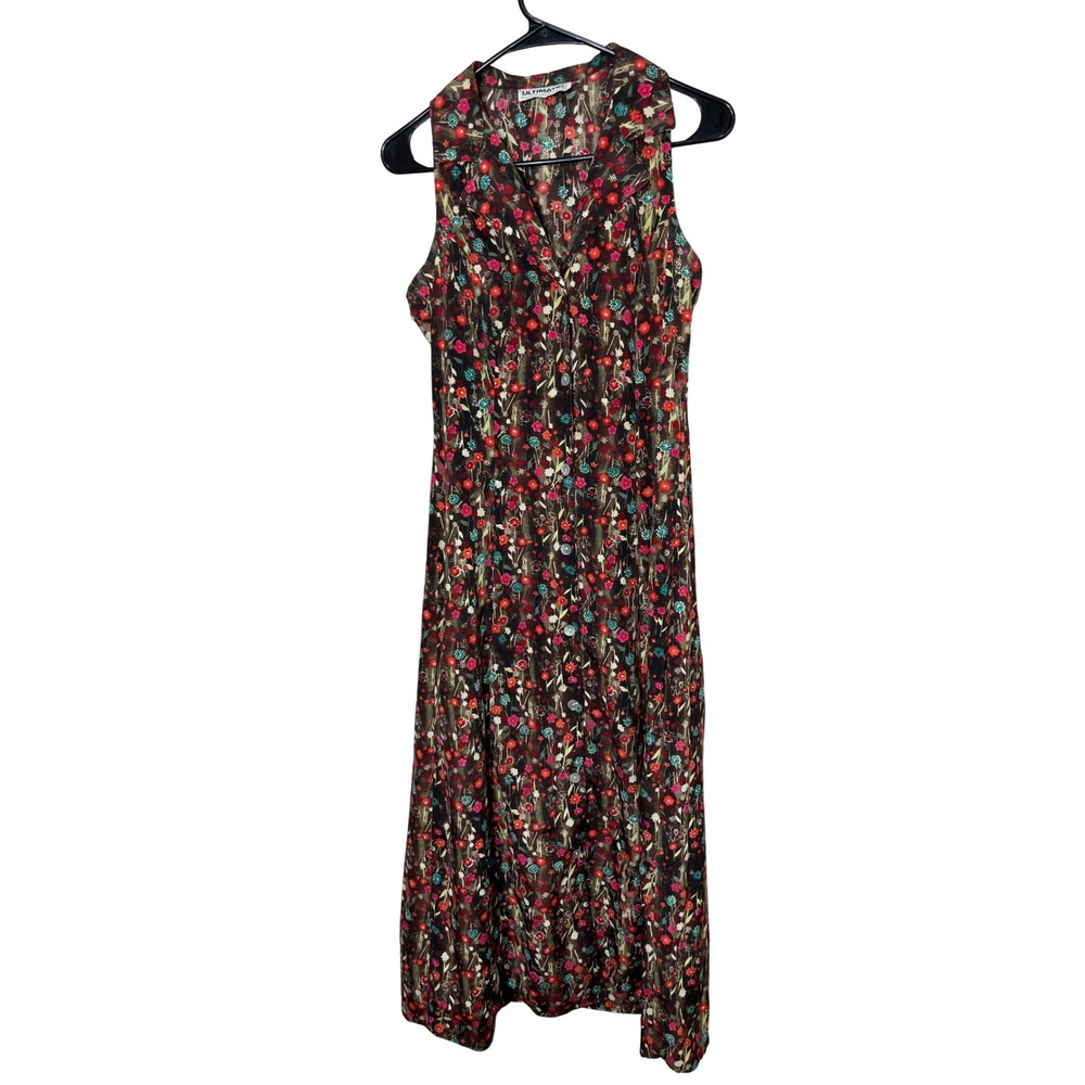 Vintage ULTIMATE BLUES Floral Print Button Front Maxi Dress Women's Size S